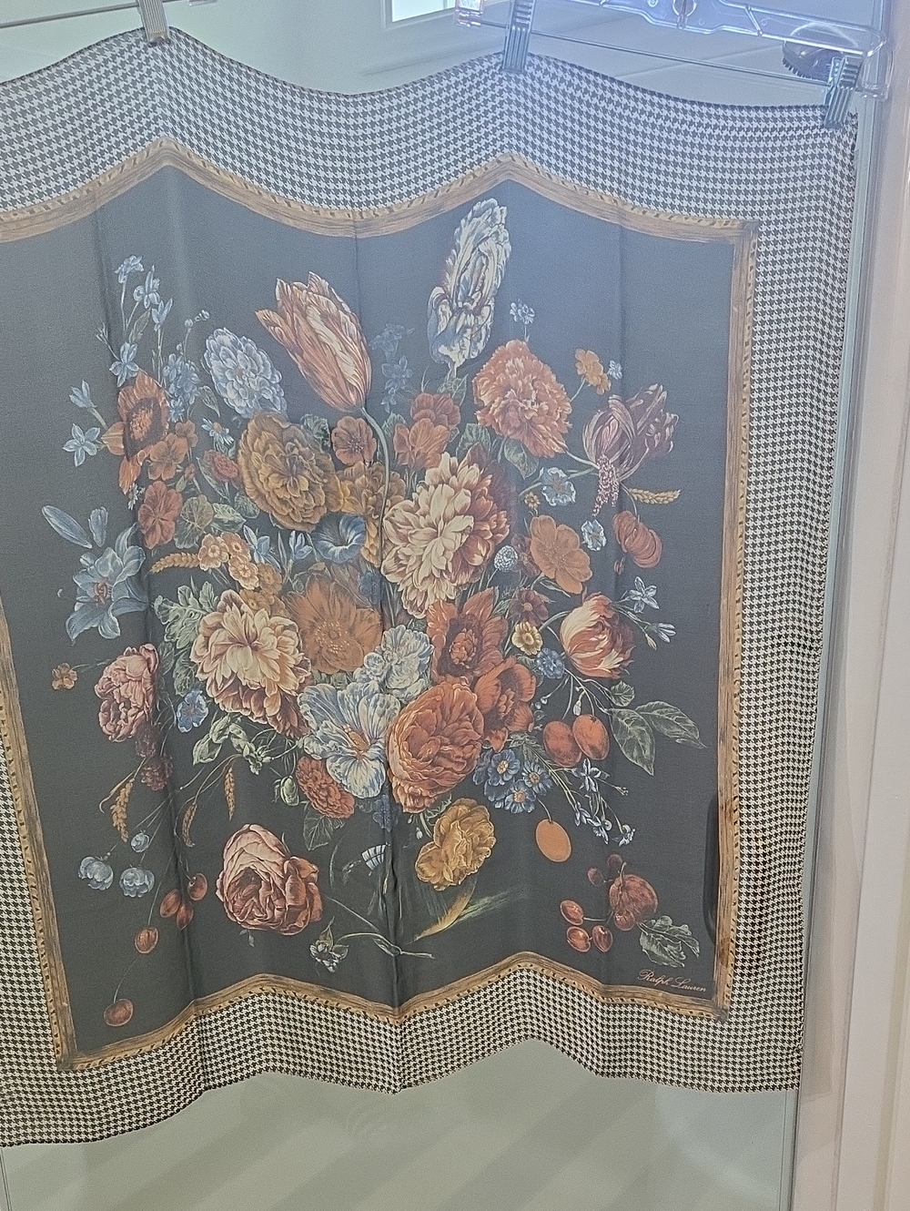 Ralph Lauren Black, Cream and Rust Floral Houndstooth Scarf